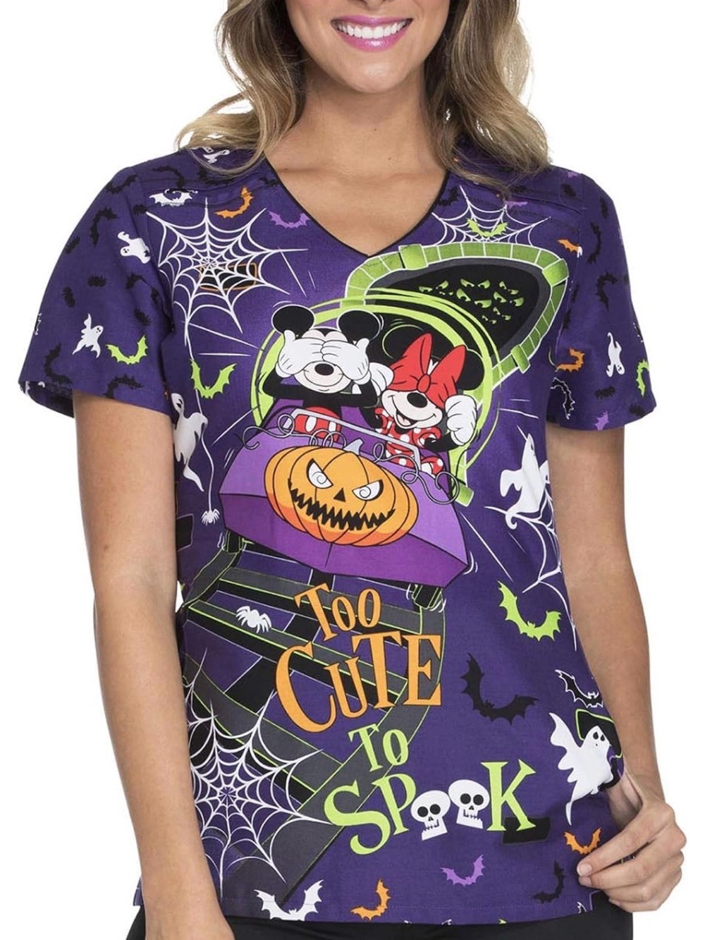 Tooniforms Women’s V-Neck ‘Too Cute To Spook’ Glow In The Dark Scrub Top - XXS